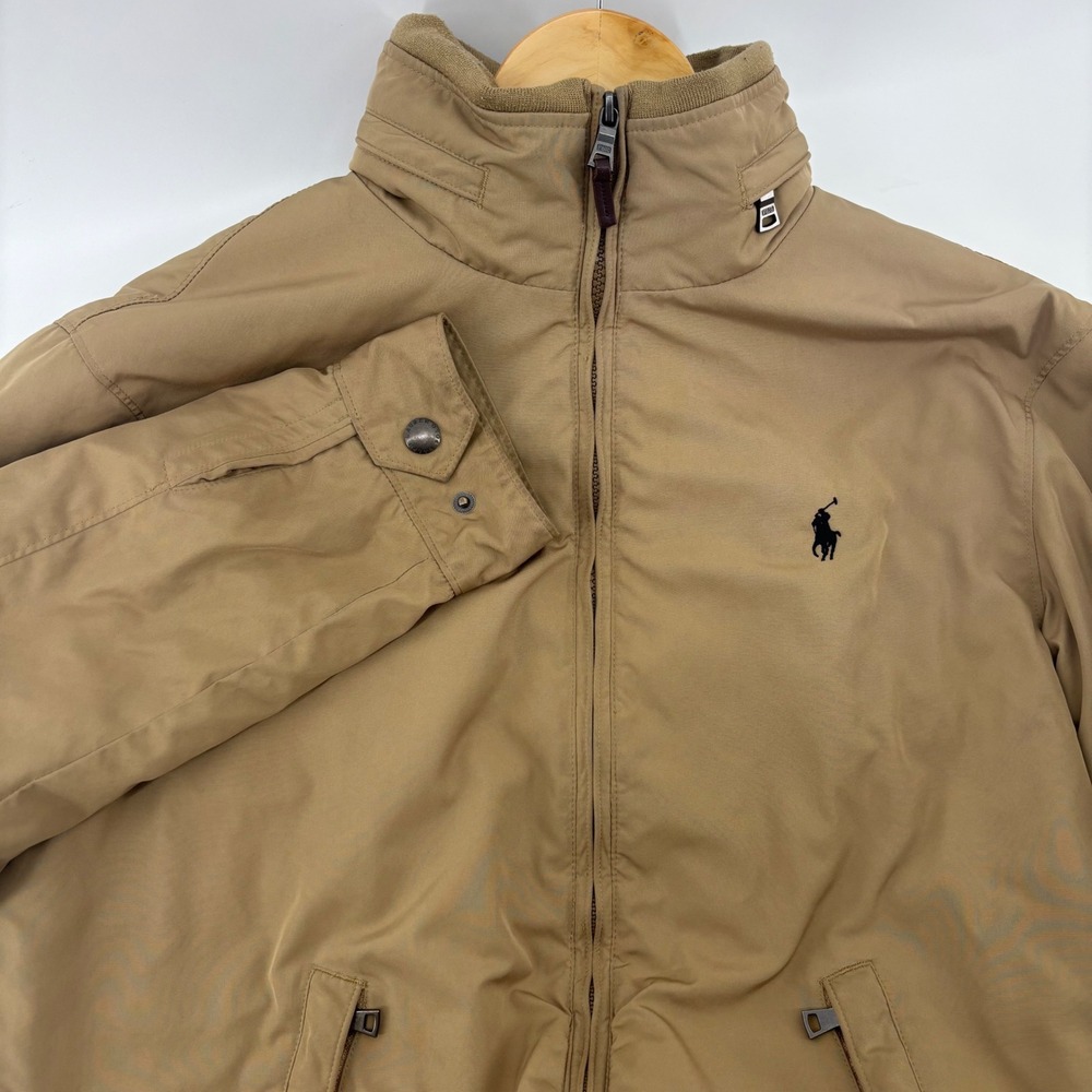 Polo Ralph Lauren Windbraker Jacket Mens M Tan Khaki Hood Fleece Lined Zip Pony
